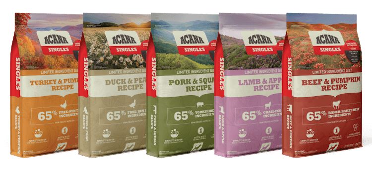Photo of 5 bags of various Acana Singles dog foods with new packaging