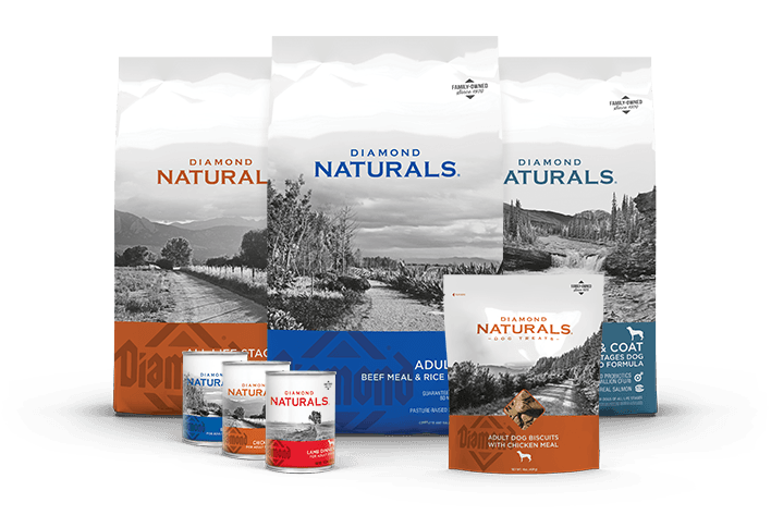 Photo of several bags of Diamond Naturals dog food and treats