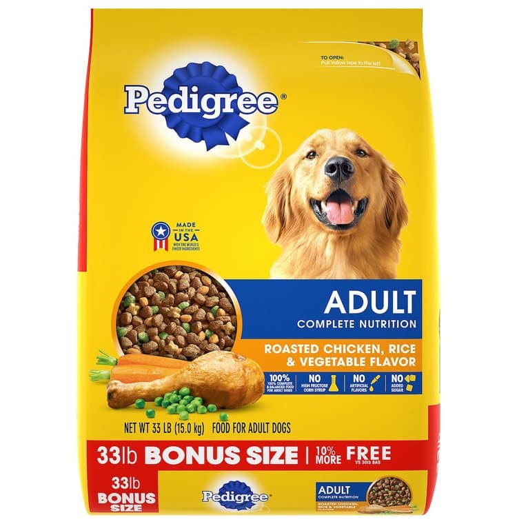 Photo of a bag of Pedigree Adult Complete Nutrition Roasted Chicken, Rice & Vegetable Flavor Dry Dog Food