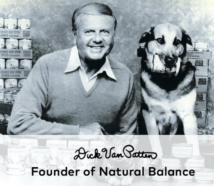 Photo of Dick Van Patten, founder of Natural Balance pet foods, and a dog with a can of Natural Balance in the dog's mouth