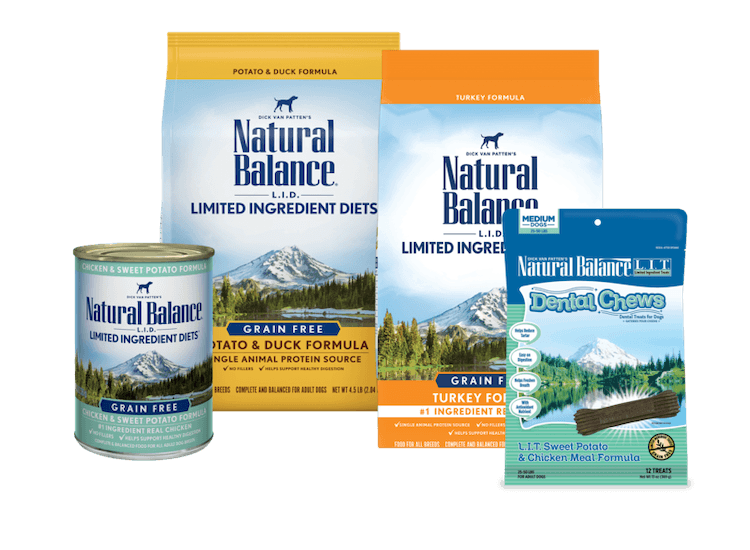 Photo of some products from the Natural Balance L.I.D. Limited Ingredient Diets formula line