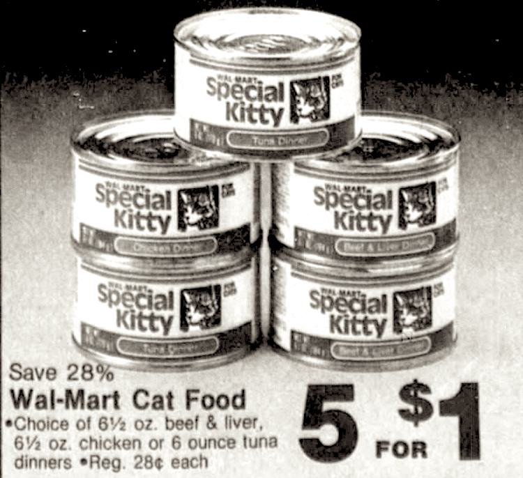 Vintage newspaper ad from 1983 with cans of Special Kitty cat food stacked up together, 5 for $1.
