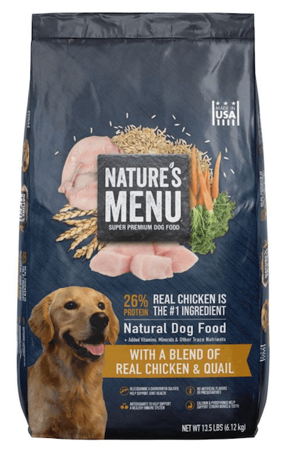 Photo of a bag of Nature's Menu Chicken and Quail Dog Food