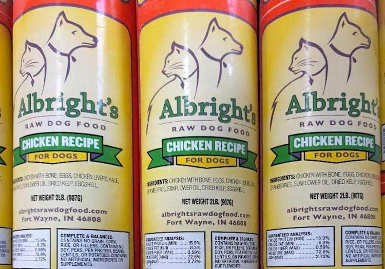 Photo of 3 tubes (chubs) of Albright’s Raw Dog Food Chicken Recipe