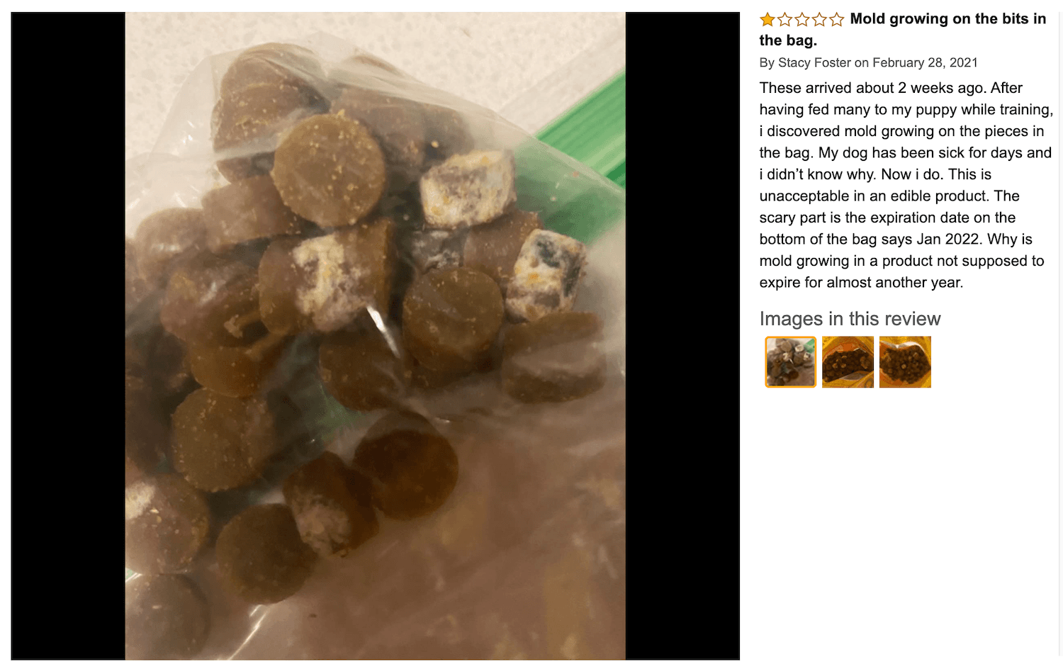 Photo of mold in a bag of Zuke's Mini Naturals dog treats