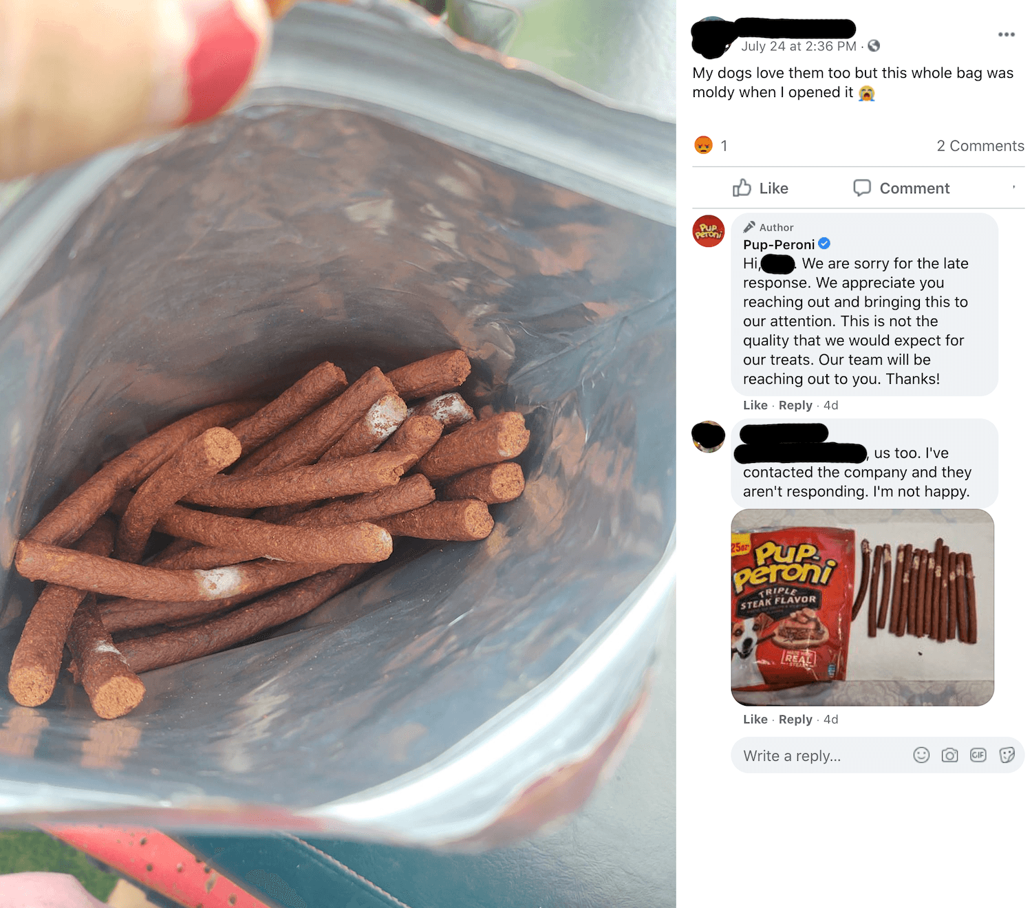 Photo posted by a consumer showing an open bag of treats with what looks like splotches of white mold on some of the treats