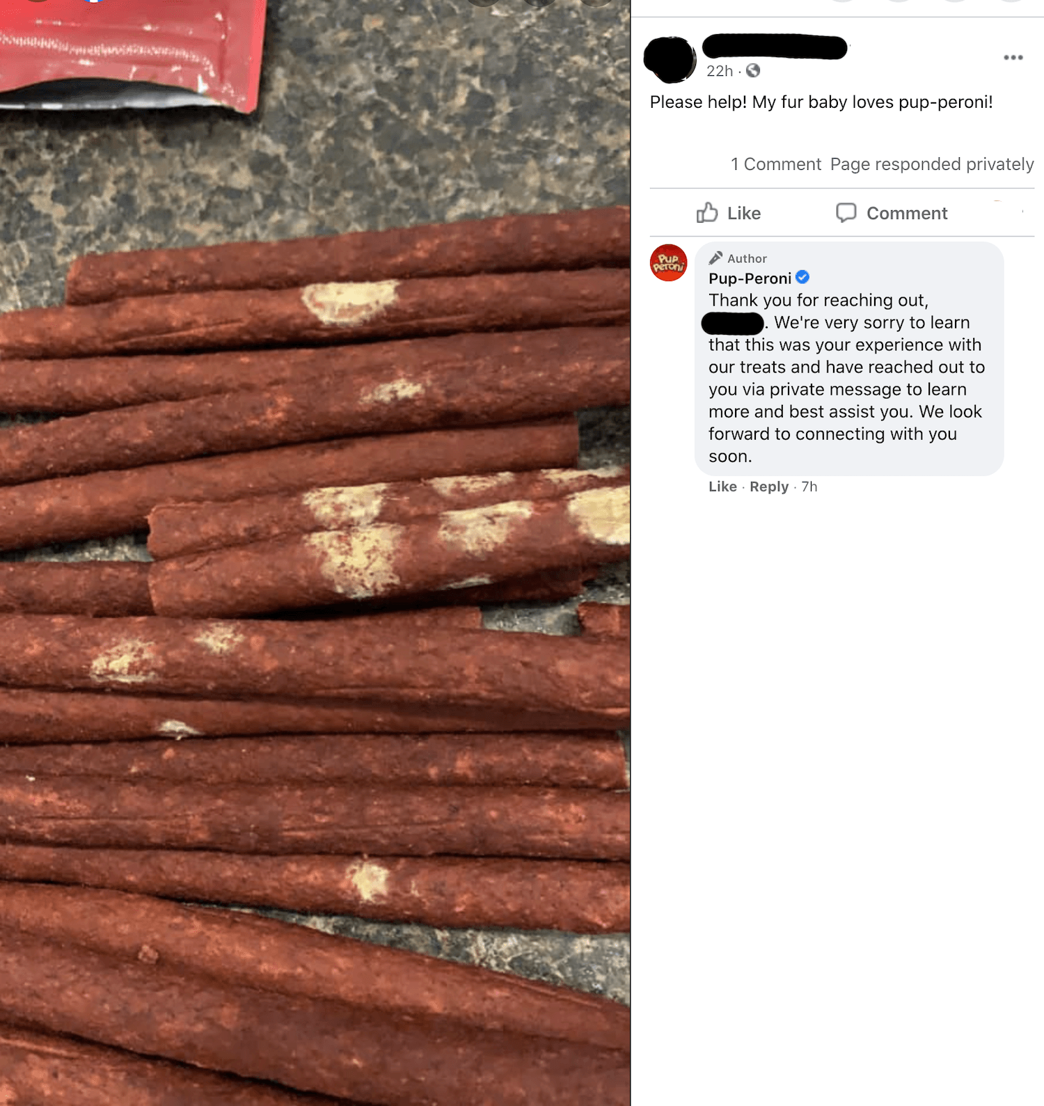Photo posted by a consumer showing an open bag of treats with what looks like splotches of white mold on some of the treats