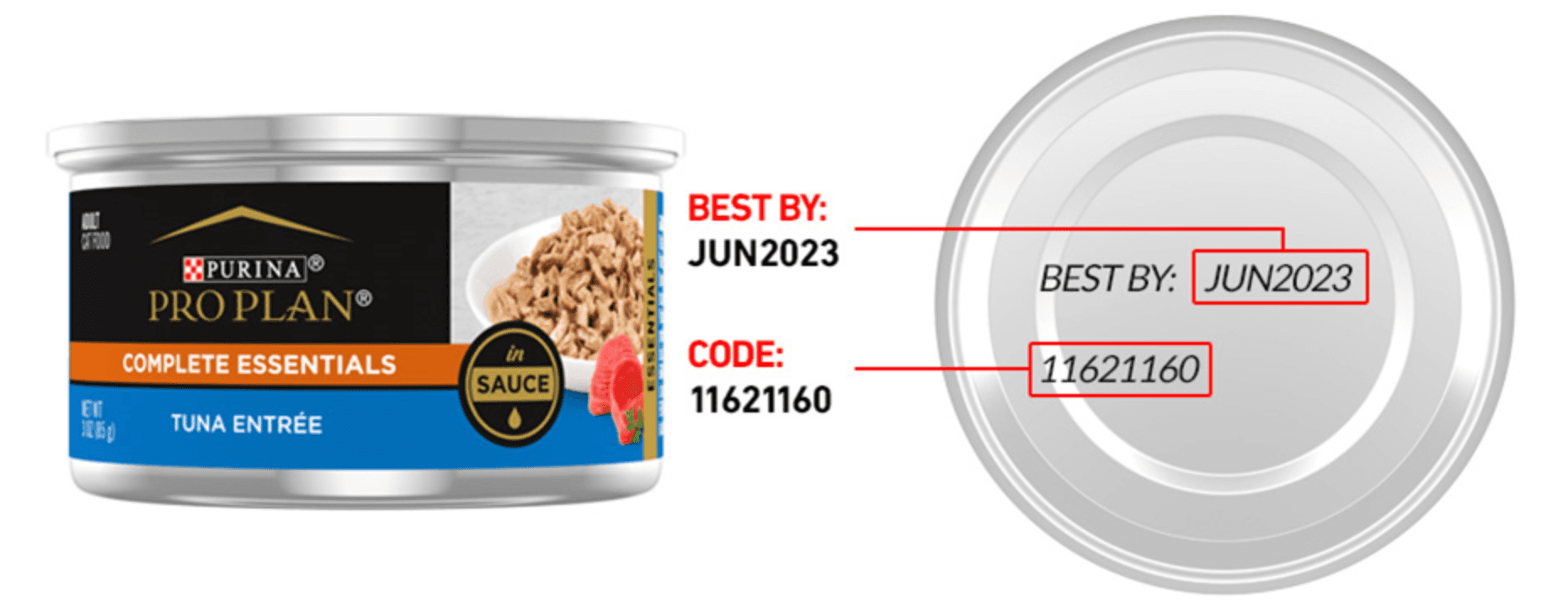Photo of the can of cat food showing the lot number and best by date.
