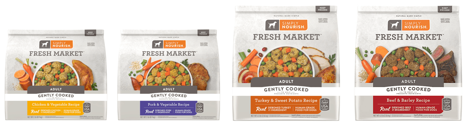 Photo showing the 4 different recipes of Simply Nourish Fresh Market Adult Frozen Dog Food