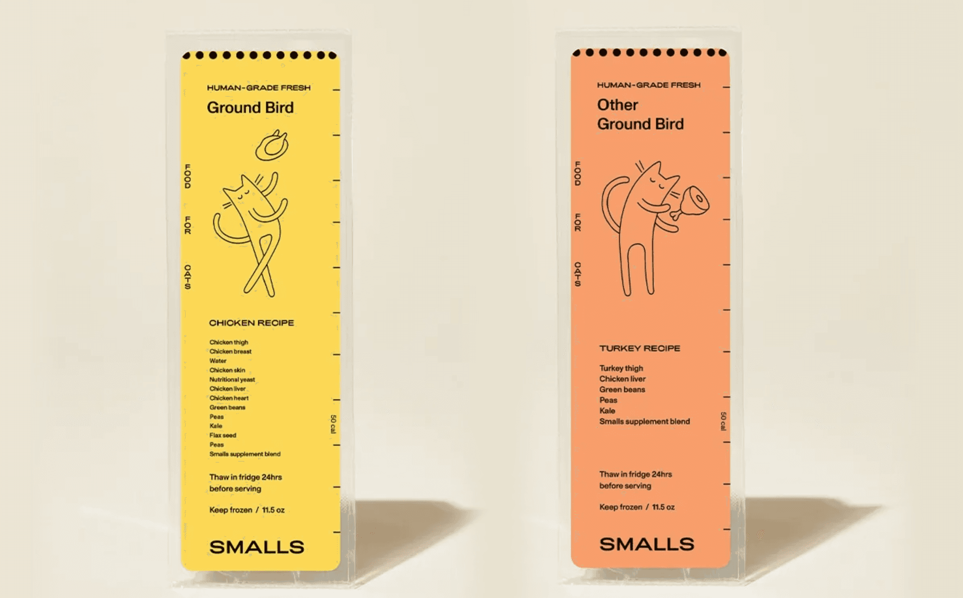 Photo of packages of Smalls Cat Food, Chicken and Turkey recipes