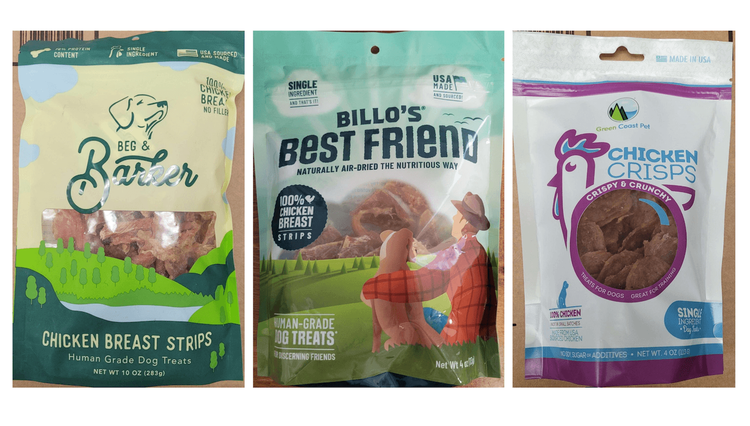 Photo of three packages of the recalled Stromberg Foods dog treats.