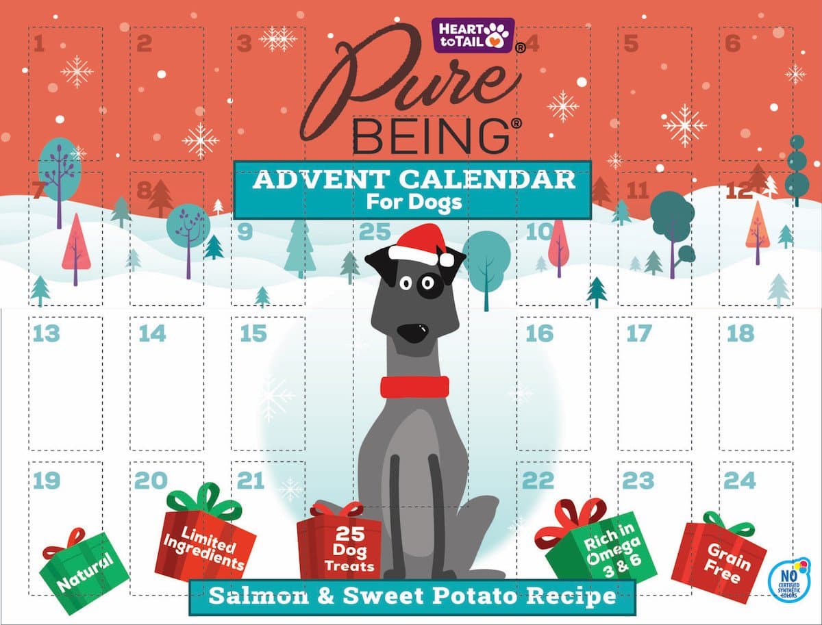 Photo of the package of Pure Being Dog Advent Calendar showing an illustration of a dog on top of a December calendar