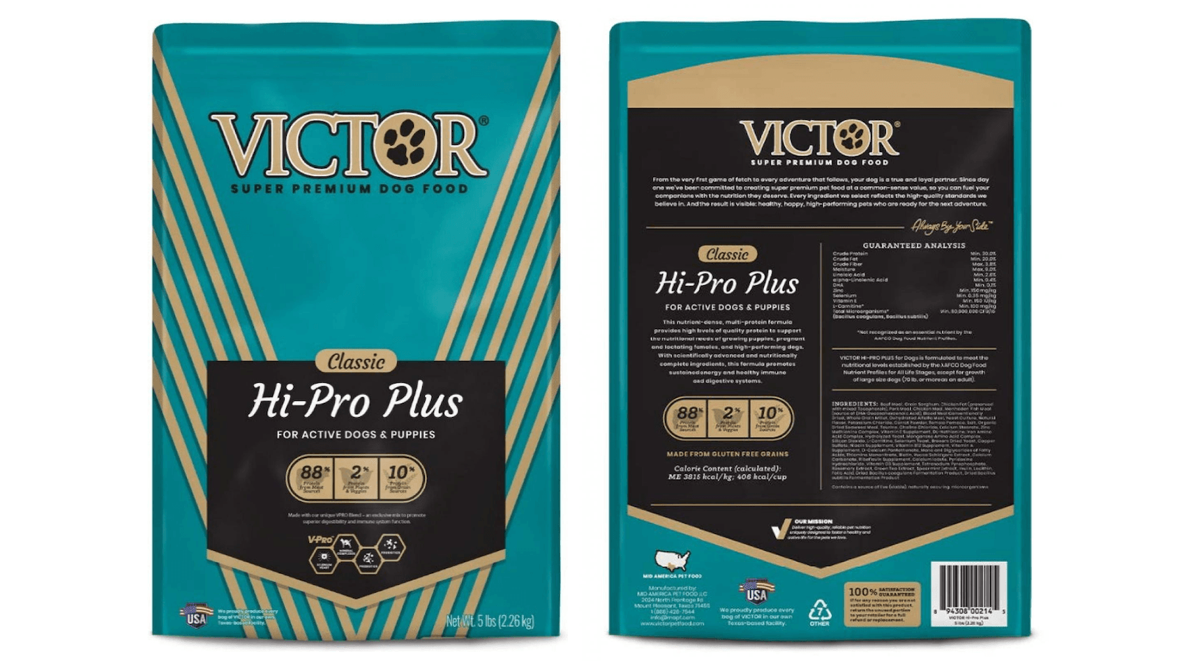 Front and back package labels of Victor Super Premium Classic Hi-Pro Plus Dog Food, which is being recalled.