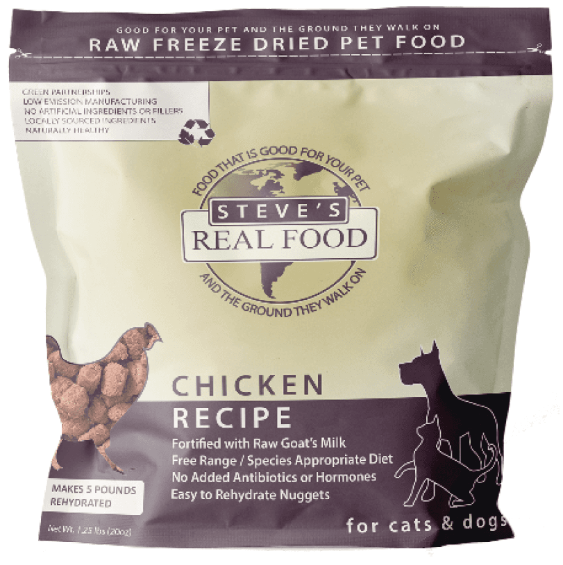 Front product label panel for Steve’s Real Food Chicken Recipe Raw Freeze Dried Pet Food 1.25 lb. bag