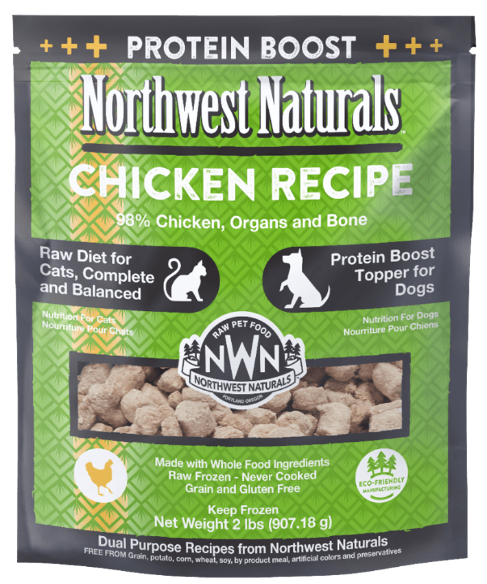 Front packaging of Northwest Naturals Frozen Chicken Recipe, 2 lb. bag, showing product name and branding
