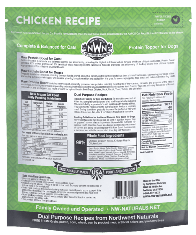 Back panel of Northwest Naturals Frozen Chicken Recipe, 2 lb. bag, showing product name and branding