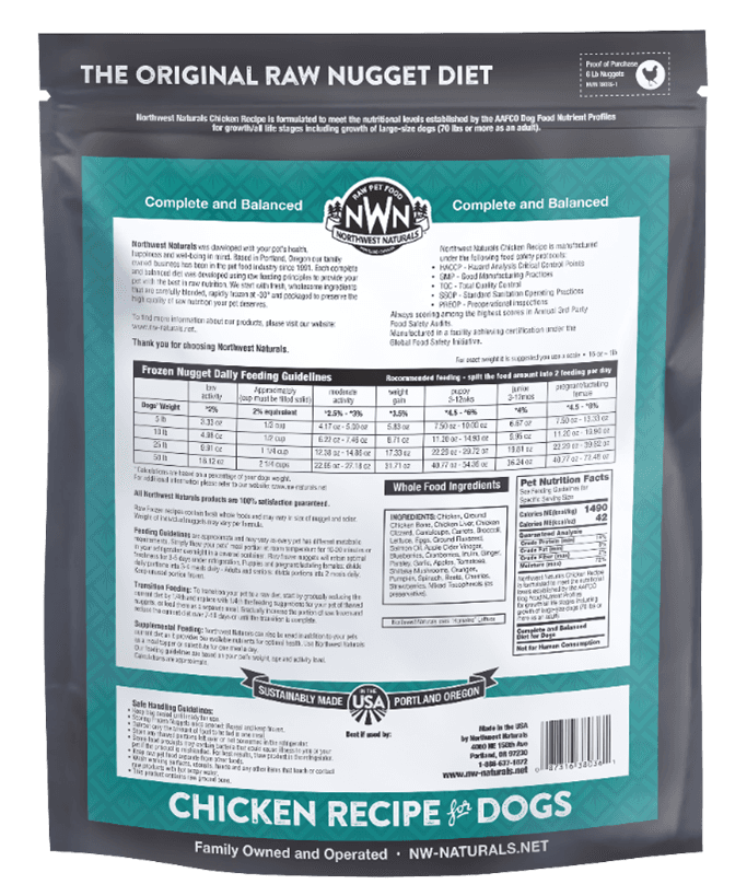 Back panel of Northwest Naturals Frozen Raw Diet for Dogs Chicken Recipe, 6 lb. bag, showing product name and branding