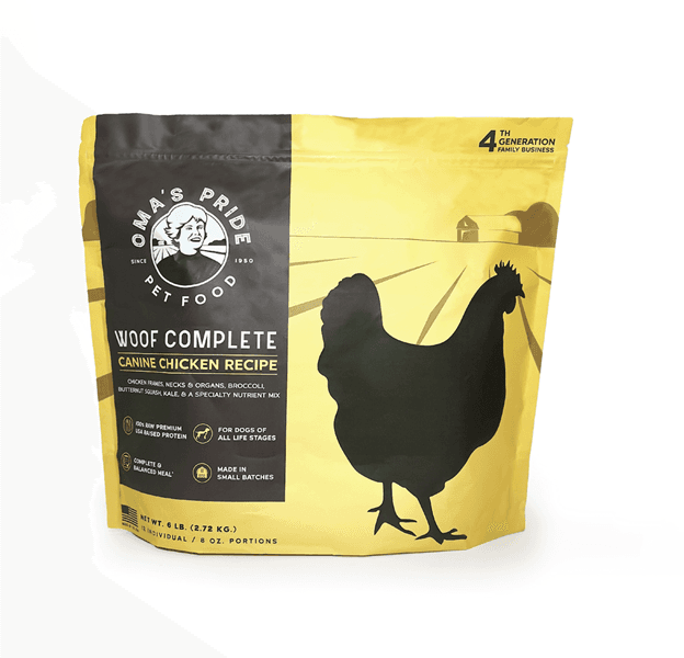 Front label panel for Oma’s Pride Pet Food Woof Complete Canine Chicken Recipe, 6 lb.