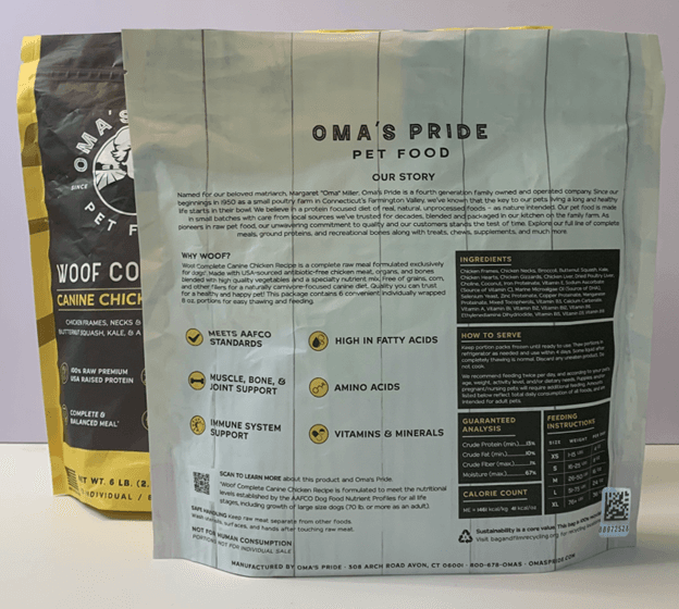Front label panel for Oma’s Pride Pet Food Woof Complete Canine Chicken Recipe, 6 lb.