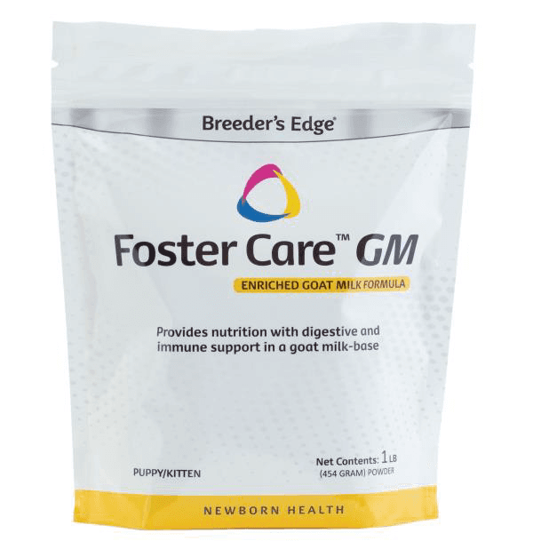 Image of front bag label, Breeder’s Edge Foster Care GM Enriched Goat Milk Formula, Net Contents 1 lb