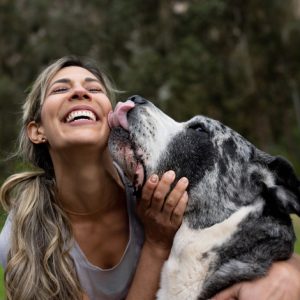 why does my dog lick my ears? Happy woman playing with her dog outdoors
