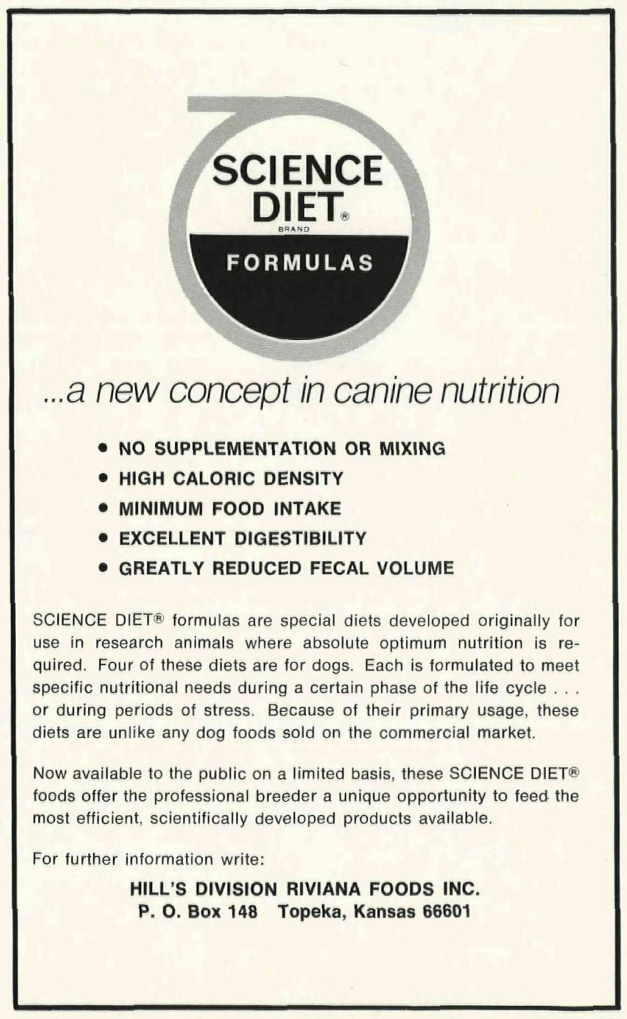 Science Diet ad from Animal Cavalcade magazine, March/April 1973.