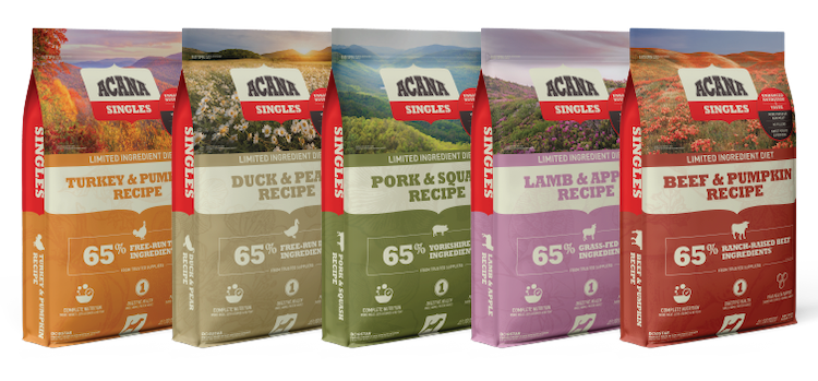 Photo of 5 bags of various Acana Singles dog foods with new packaging