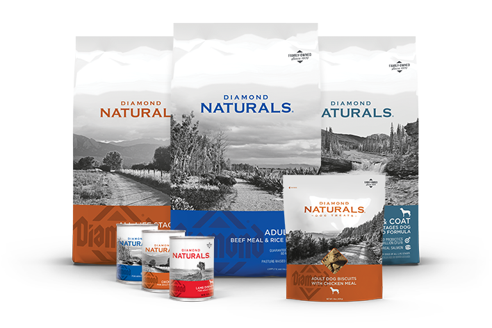 Photo of several bags of Diamond Naturals dog food and treats