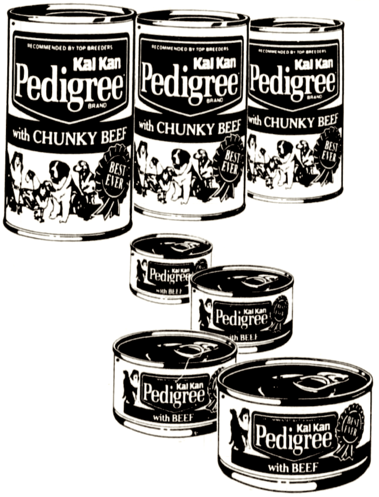 Photo of cans of Kal Kan Pedigree dog food, from a 1989 newspaper advertisement.