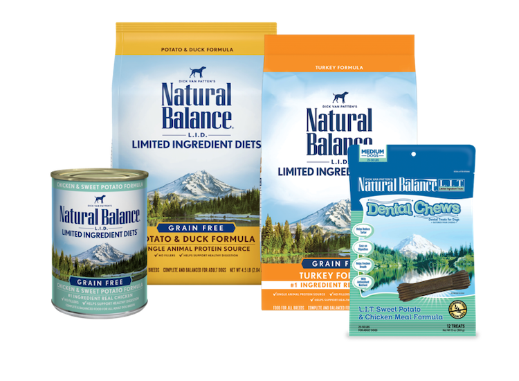 Photo of some products from the Natural Balance L.I.D. Limited Ingredient Diets formula line