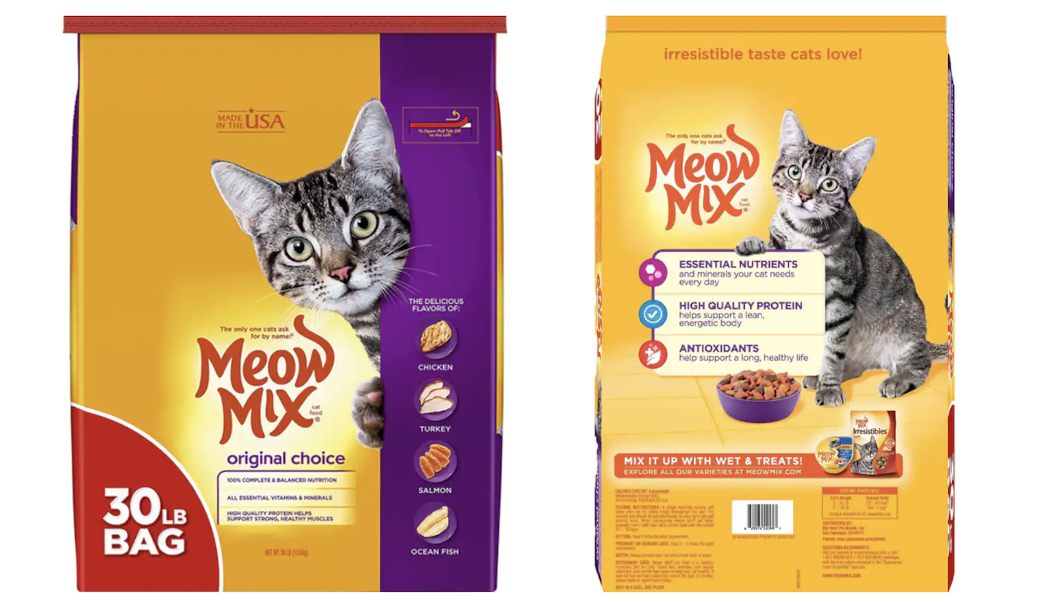 Photo of front and back of Meow Mix packages