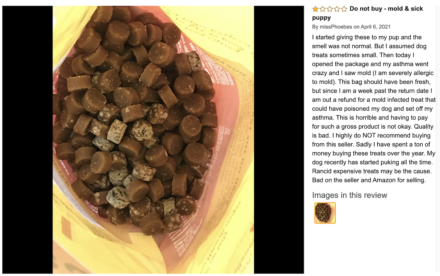 Another photo of mold in a bag of dog treats by Zuke's
