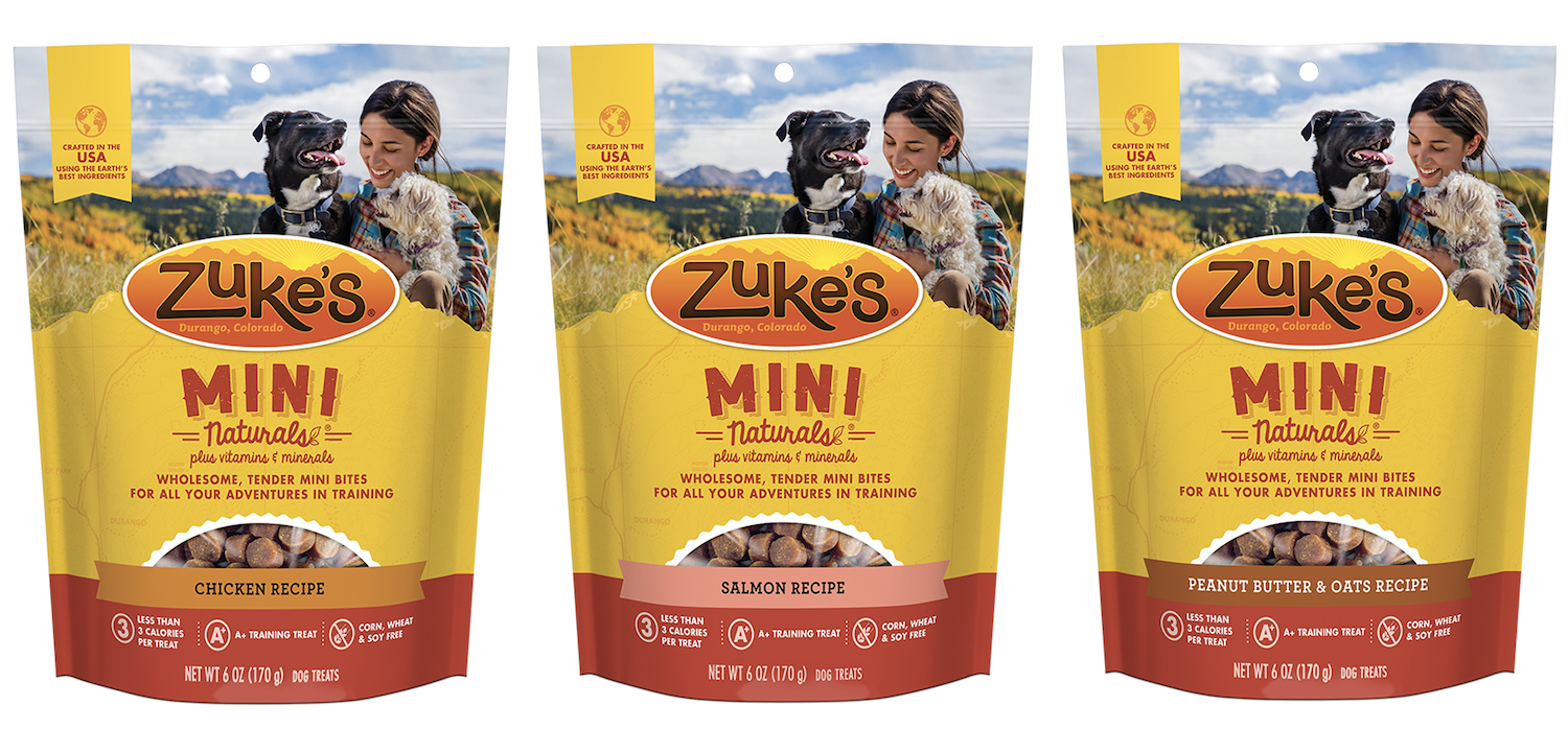 Photo of three bags of Zuke's Mini Naturals Dog Treats