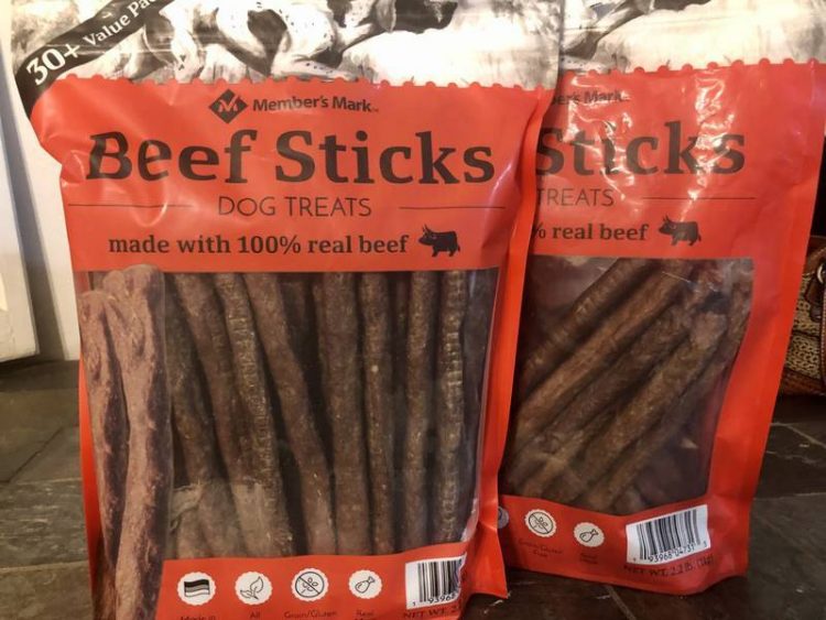 Photo of two packages of the recalled Member’s Mark Beef Sticks Dog Treats.
