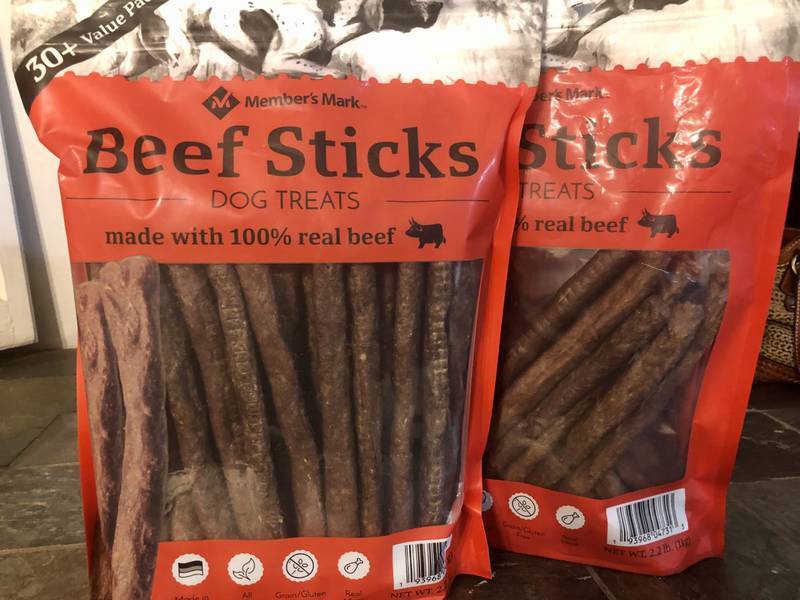 Photo of two packages of the recalled Member’s Mark Beef Sticks Dog Treats.
