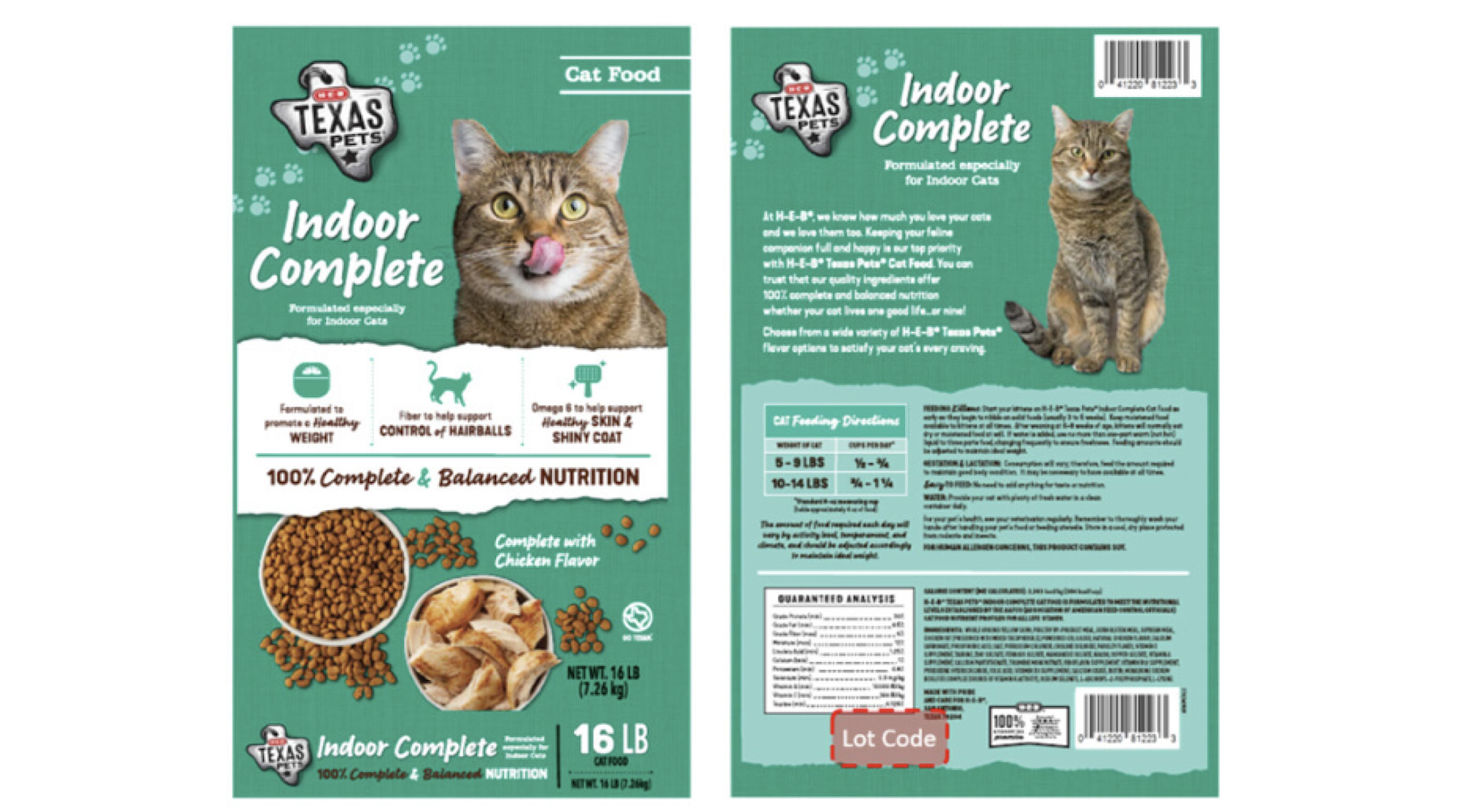 Photos of the front and back of the package of H-E-B Texas Pets Indoor Complete Dry Cat Food that is being recalled.