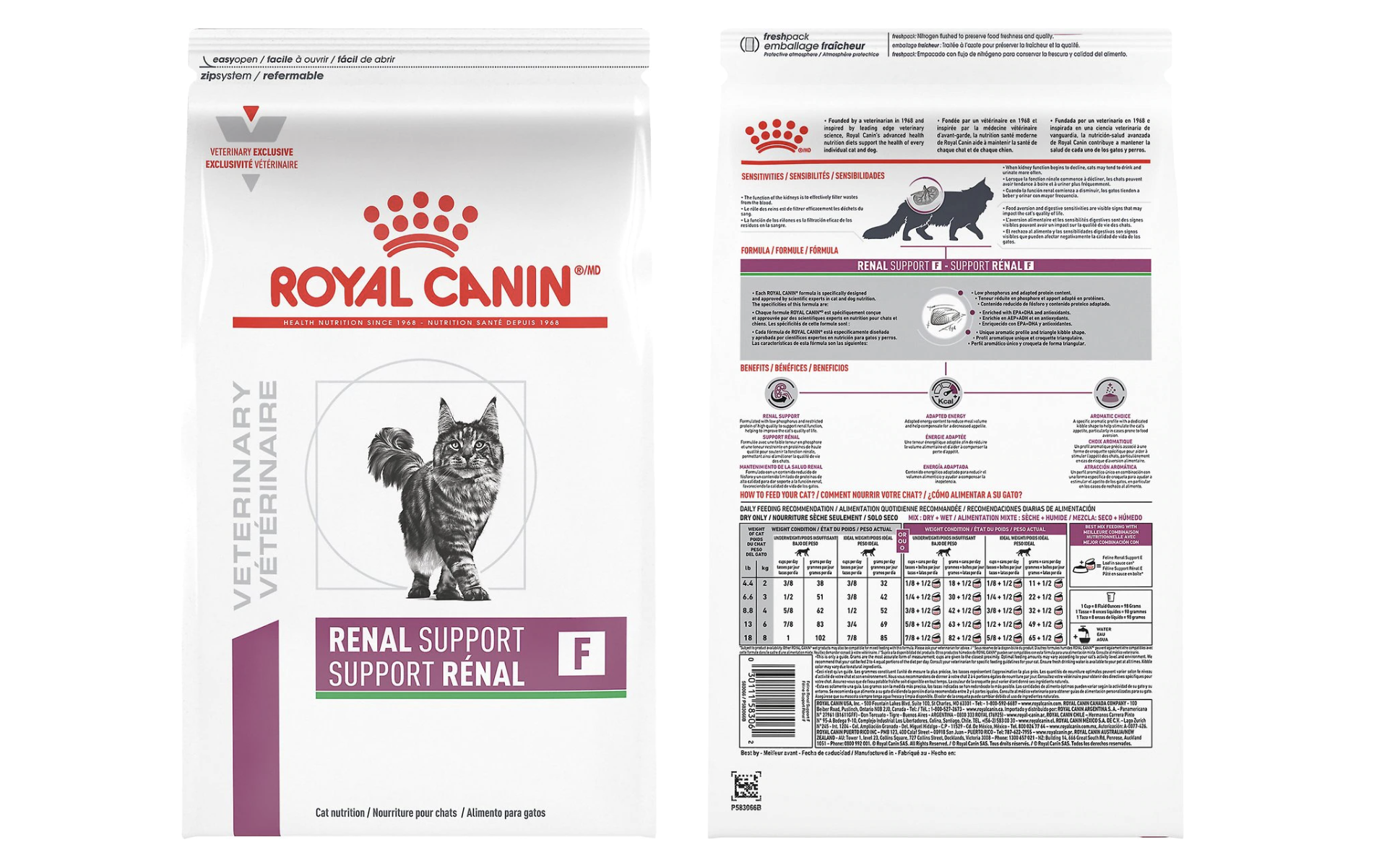 Photo of the front and back of a 6.6 lb. bag of Royal Canin Veterinary Feline Renal Support F dry cat food, which is part of a recall.