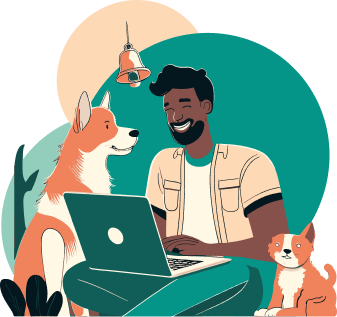 man with laptop with dog and cat
