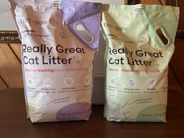 Tuft & Paw Really Great Cat Litter bags in lavender and charcoal scent for Tufy and Paw Litter Review.